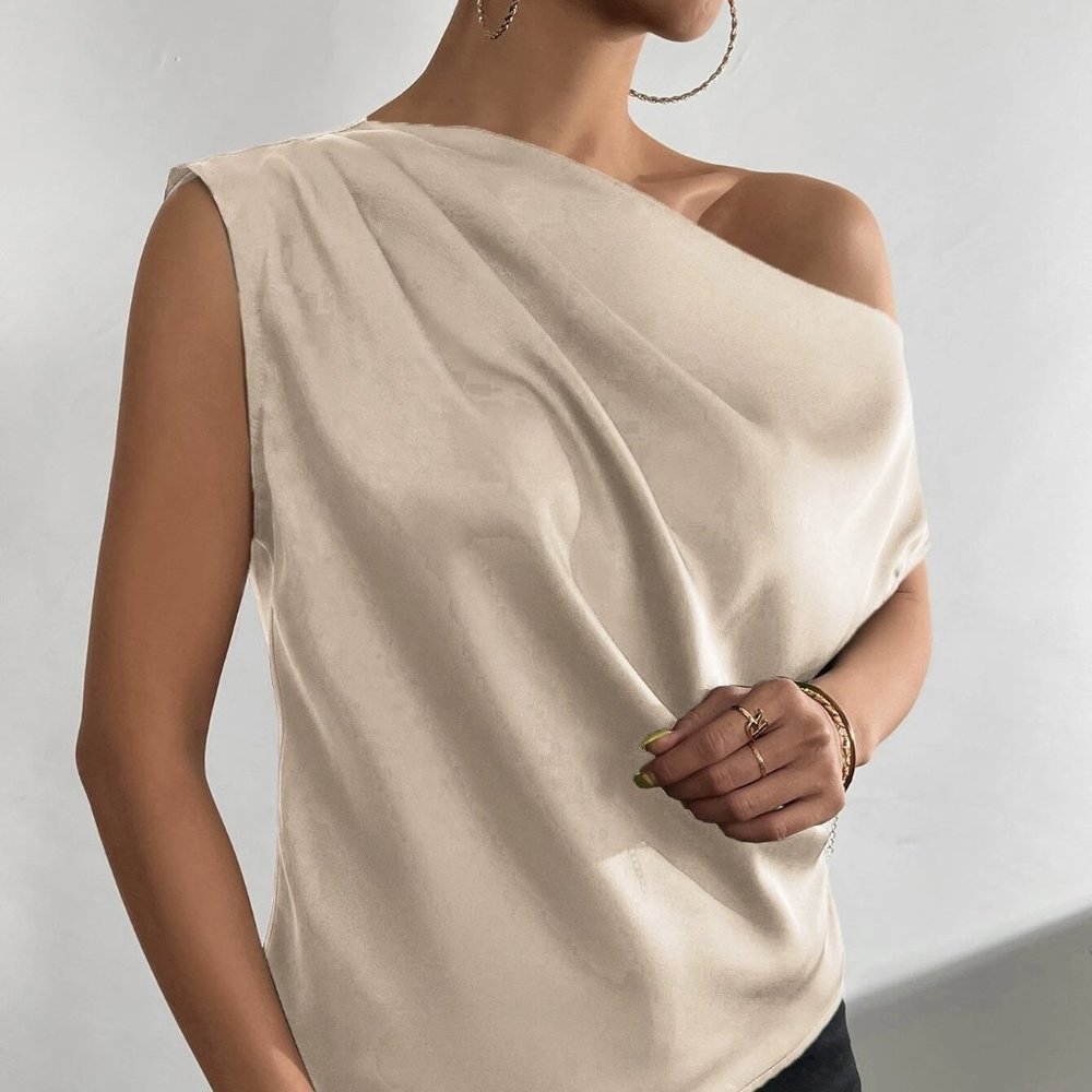Khaki Boho Womens Asymmetrical Neck Ruched Shoulder Blouse - Picture 3 of 5